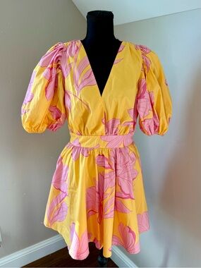 Hutch Letty Cotton Puff Sleeve Mini Dress with Pink Floral Print